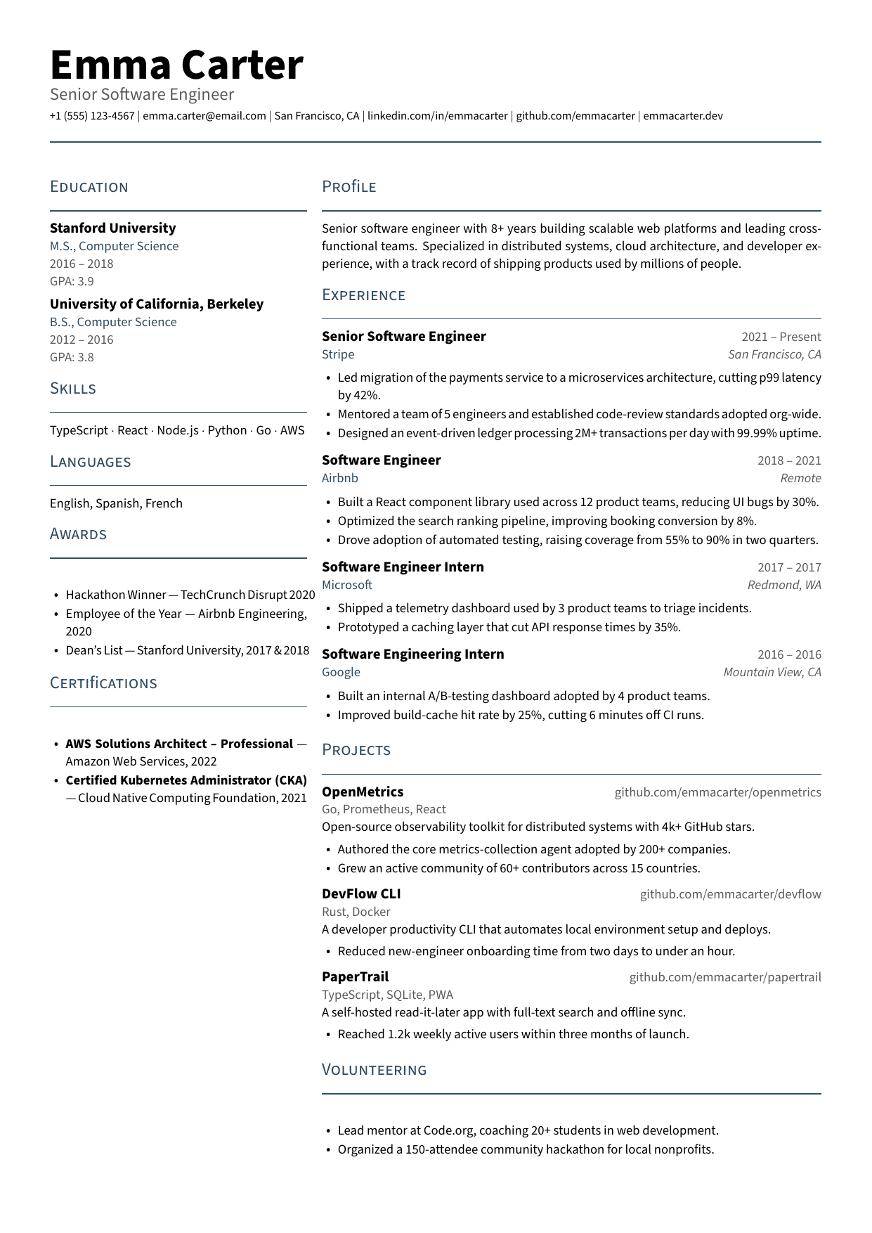 Senior Software Engineer resume template