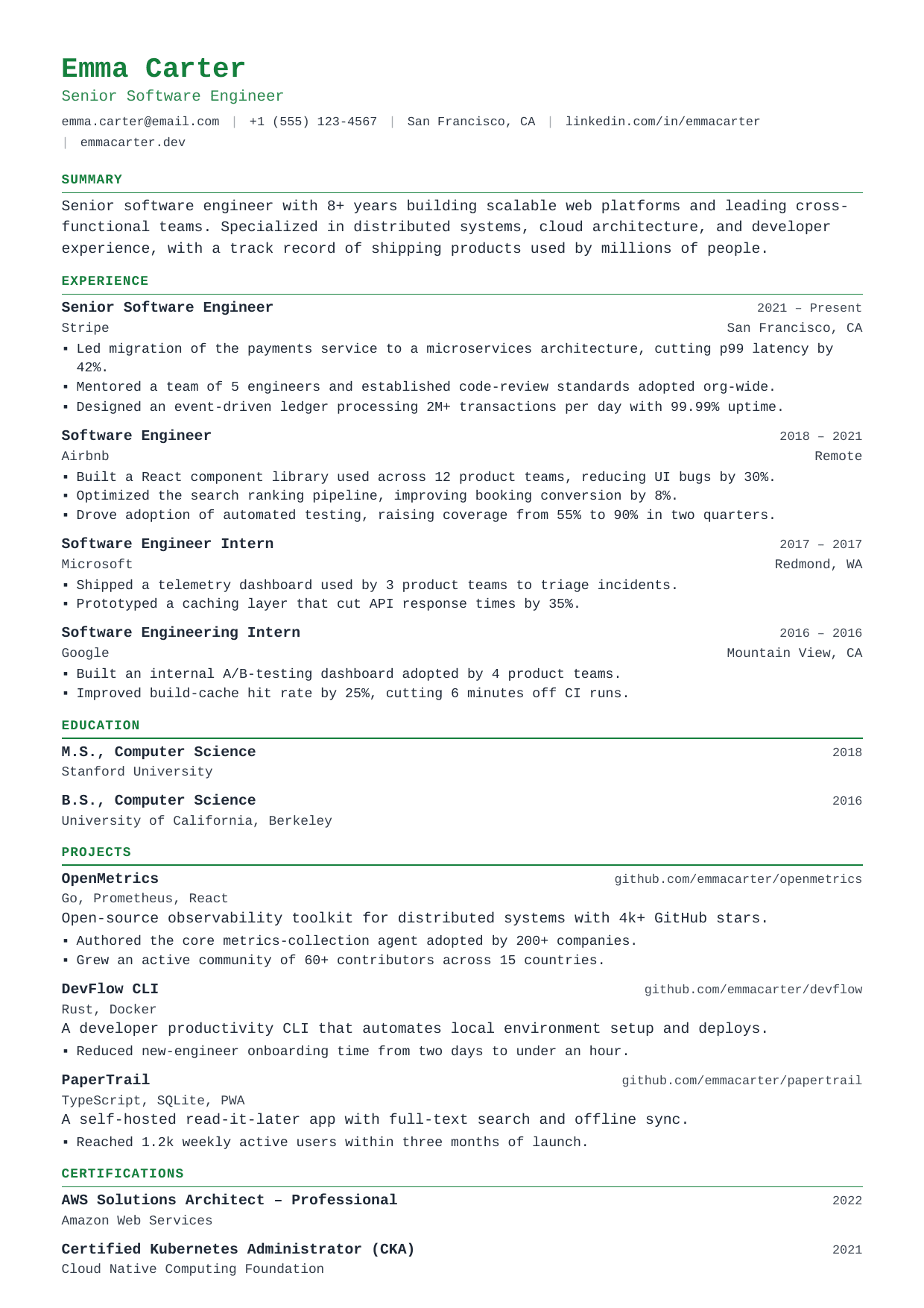 Greenfield resume template