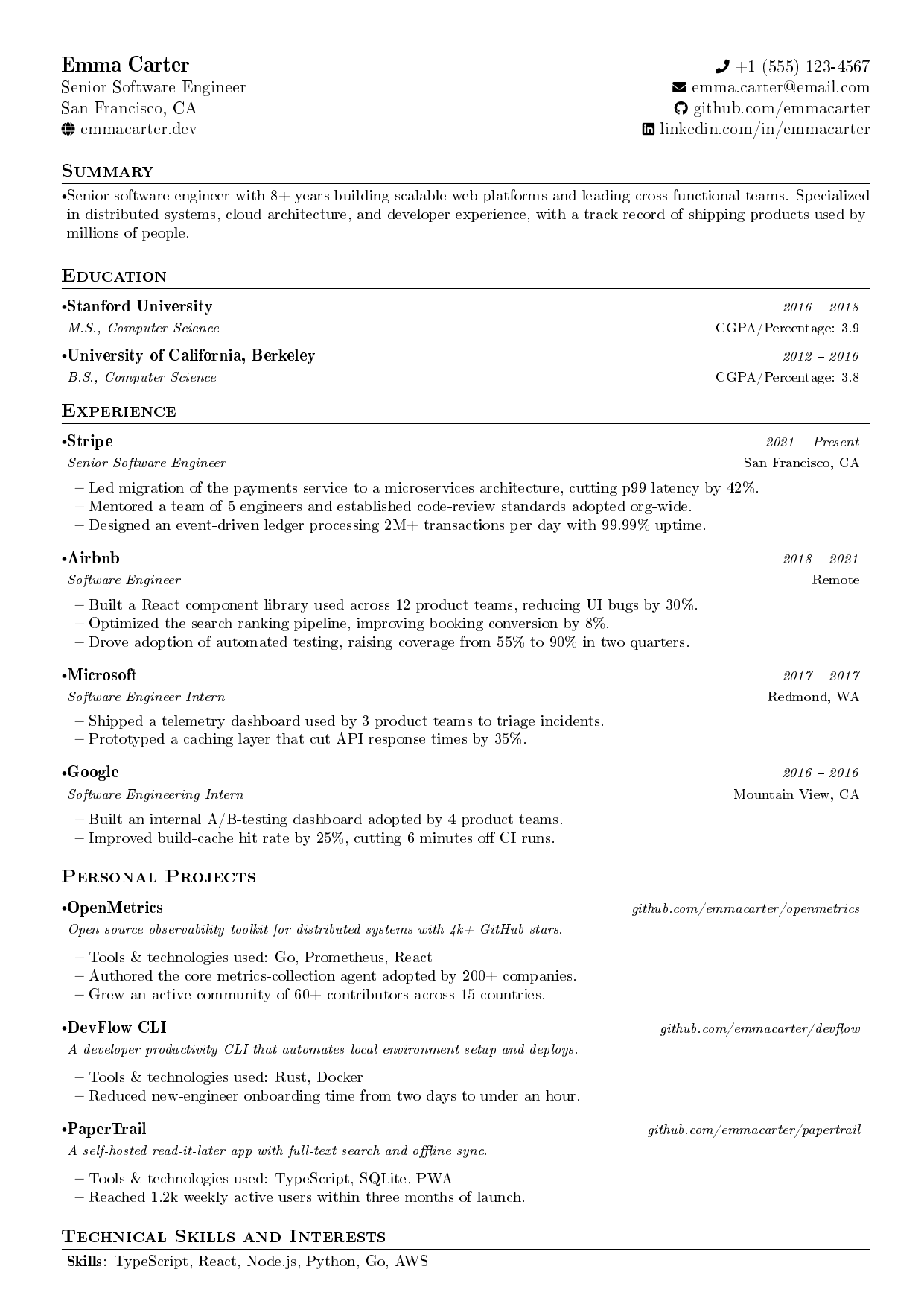React Software Engineer resume template