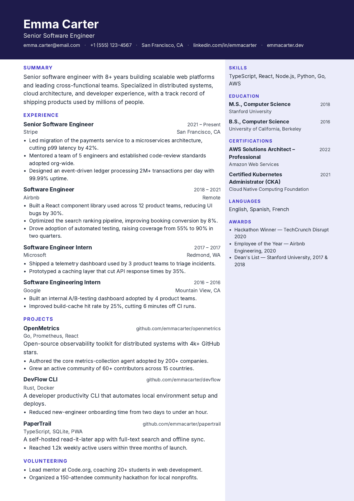 Indigo Chair resume template