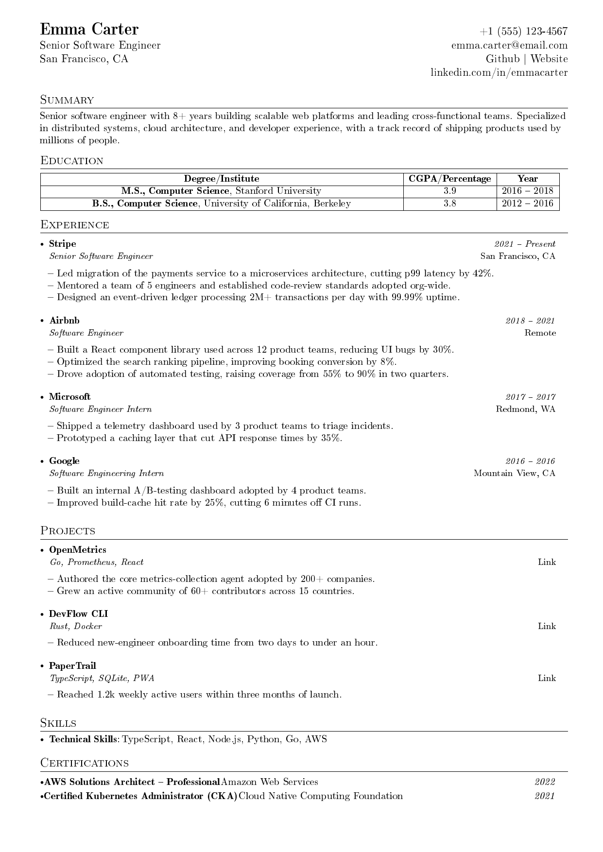 Software Development Intern resume template