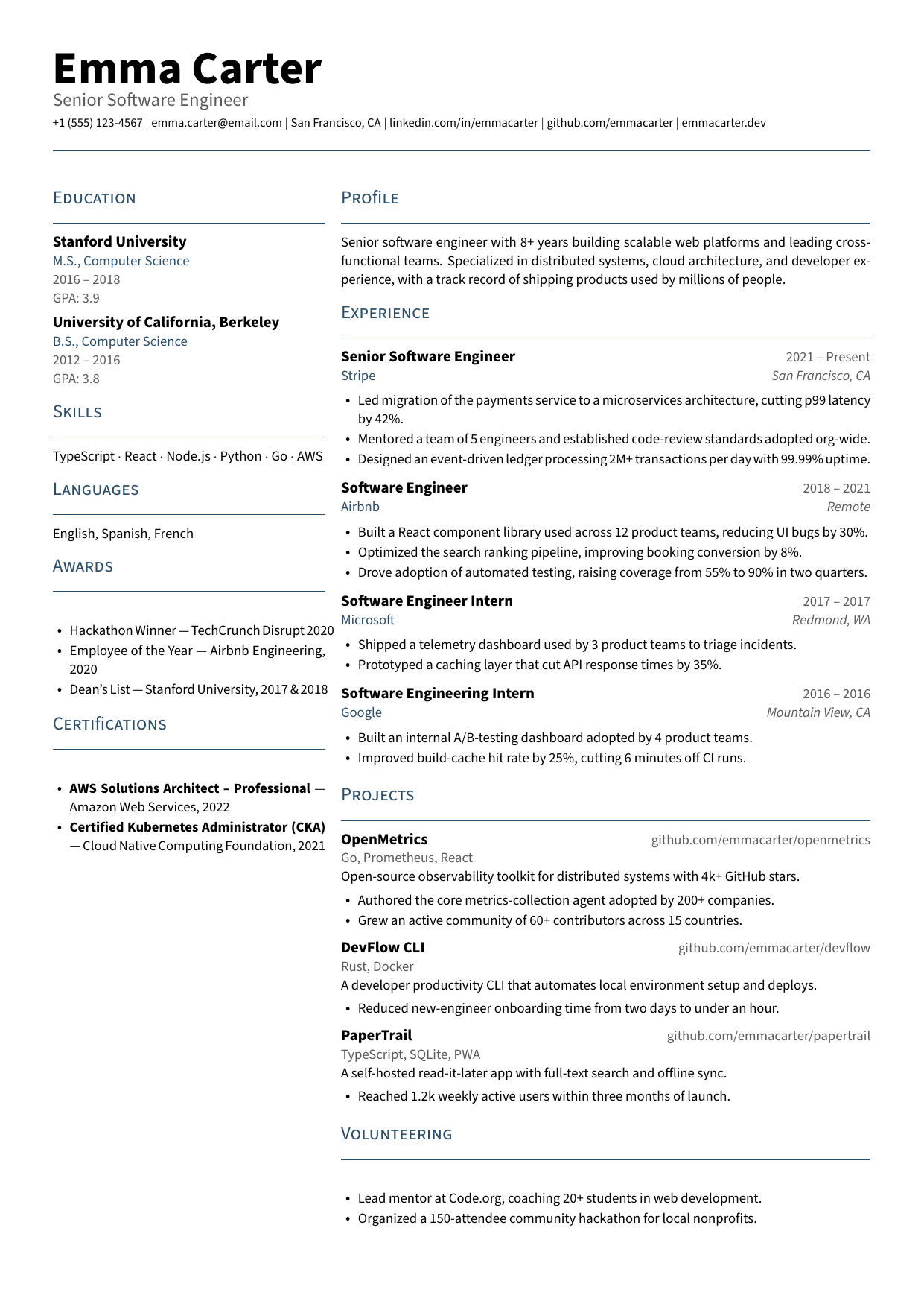 Senior Software Engineer resume template preview