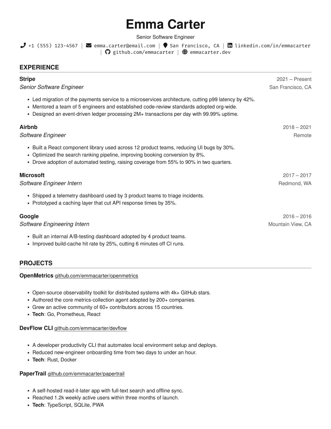 Full Stack Software Engineer resume template preview